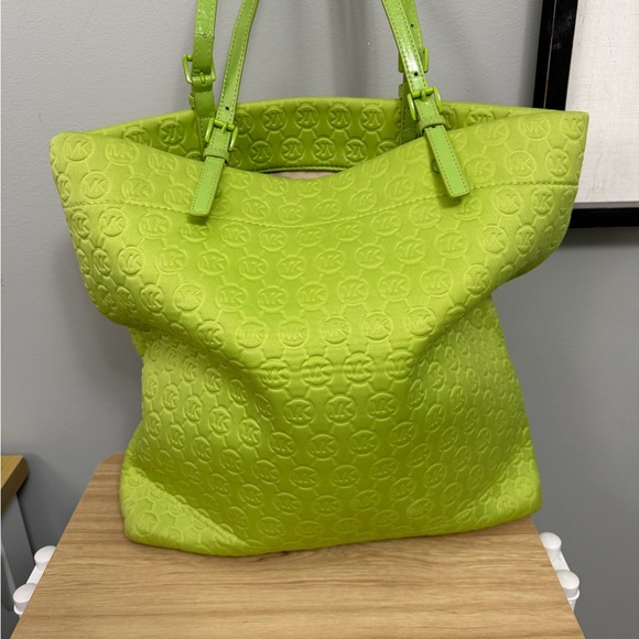 Michael Kors Neon Lime Embossed Logo Leather Tote - Picture 4 of 10